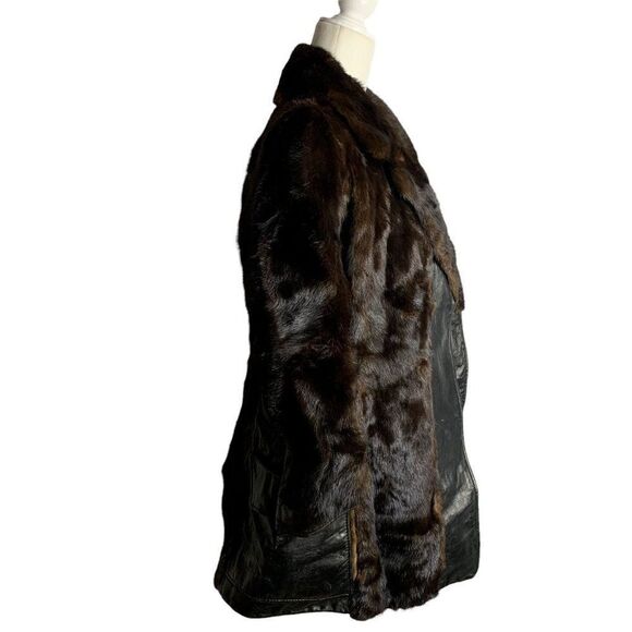 Vintage 70s Real Fur Leather Panel Coat M Black Brown For Repair - Picture 6 of 12